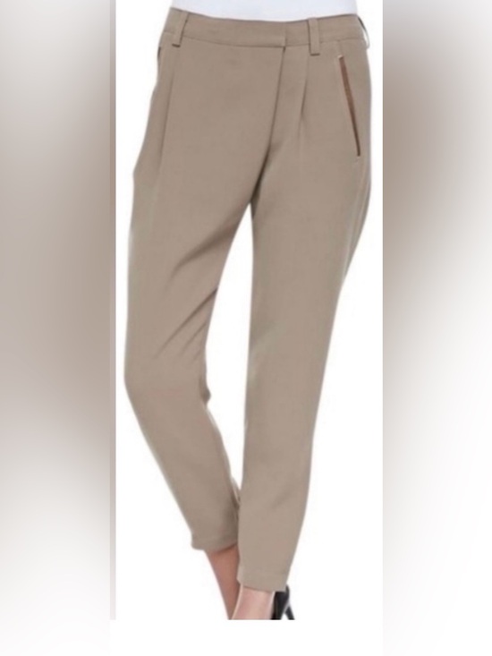 Vince Pants - Vince Slim Tailored Ankle Trousers with leather accents - Beige